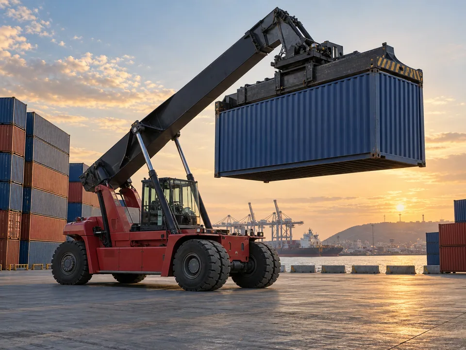 Stacker movilizando un contenedor en un patio logístico