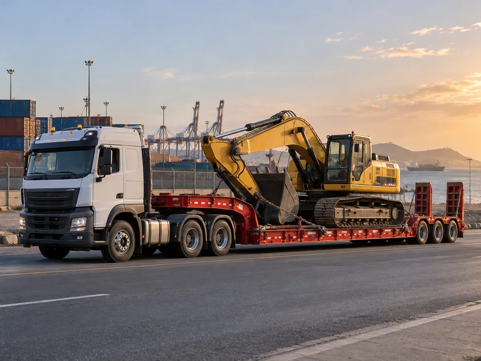 Excavadora transportada de forma segura sobre una cama baja