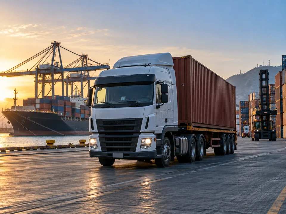 Camión trasladando un contenedor en un terminal portuario